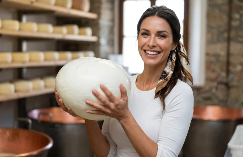 Gia holds a giant mozzarella