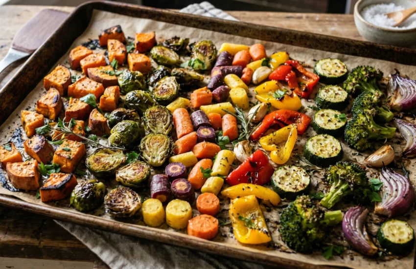 Roasted vegetables on a baking sheet