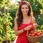 Gia holding a basket full of tomatoes