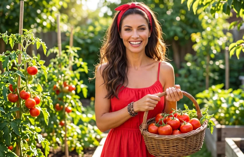 Gia holding a basket full of tomatoes