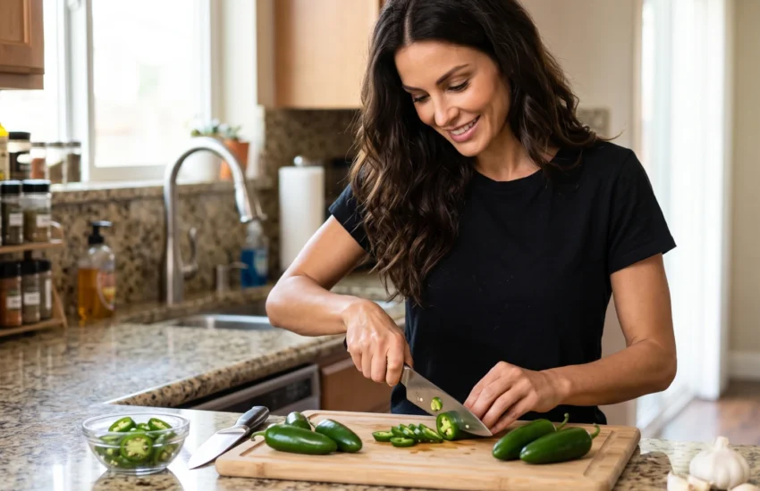 Gia preparing fresh jalapeños