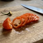 Habanero slices on a cutting board