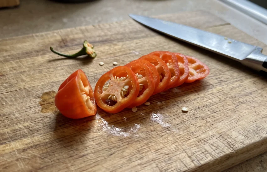Habanero slices on a cutting board