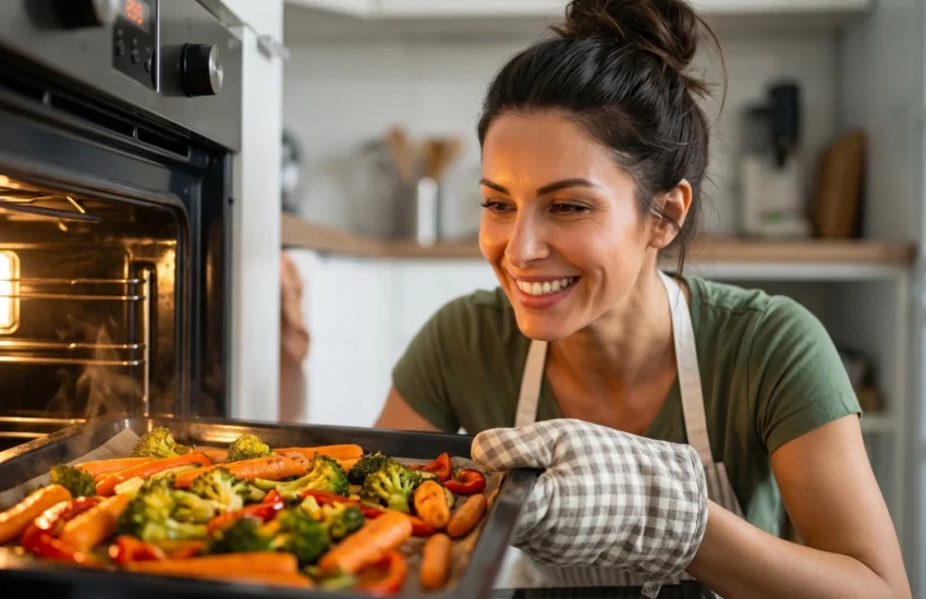Gia roasting vegetables in the oven